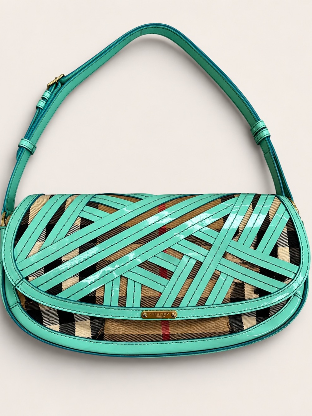 Burberry Aqua Patent Leather & Nova Check Shoulder Bag